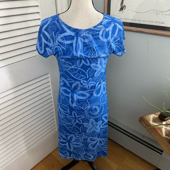 FRESH PRODUCE Womens Dress Small Blue Midi Stretch Knit Summer Beach Resort - Picture 3 of 10